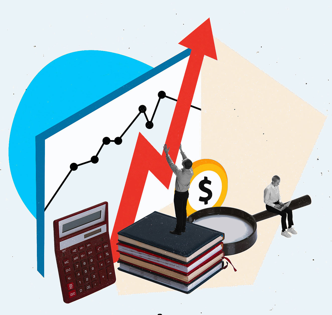 Graph of data growing with sales rep looking at it and another sitting on magnifying glass