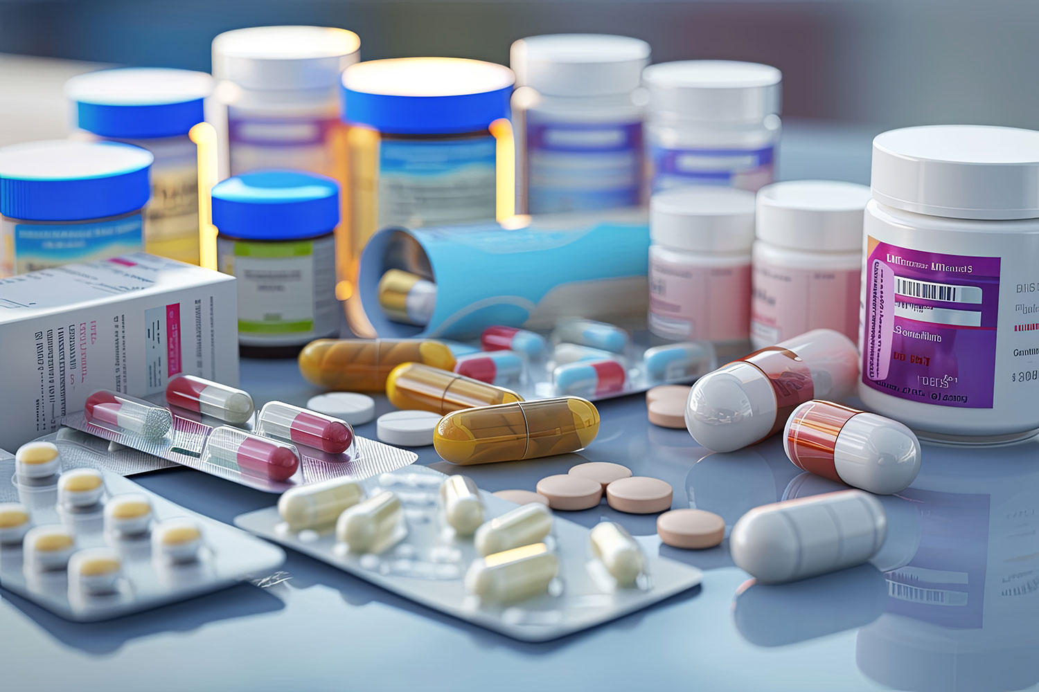 Variety of medicine bottles and pills on countertop 